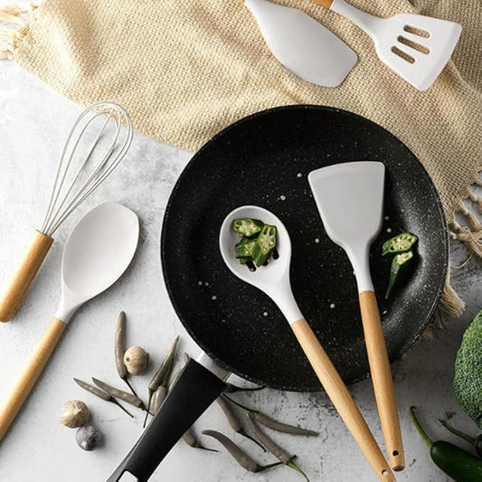 UTENSILIOS DE COCINA CON MANGO DE MADERA SET X 12