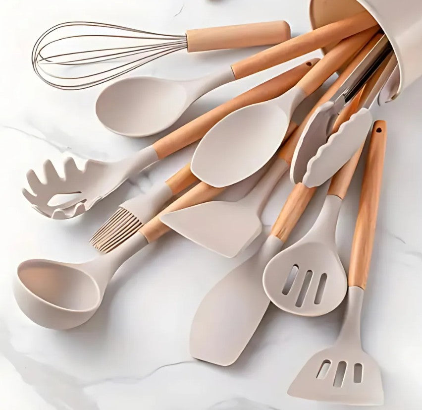 UTENSILIOS DE COCINA CON MANGO DE MADERA SET X 12
