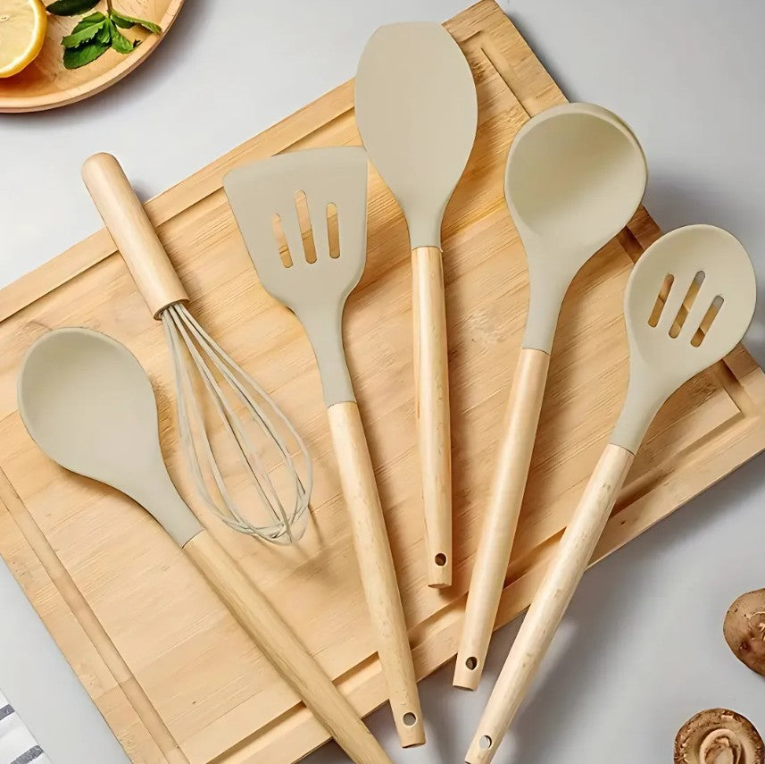 UTENSILIOS DE COCINA CON MANGO DE MADERA SET X 12